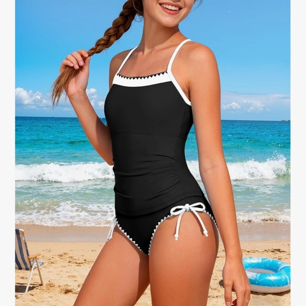 Black and White Swimsuit with Tie Sides - 9/10